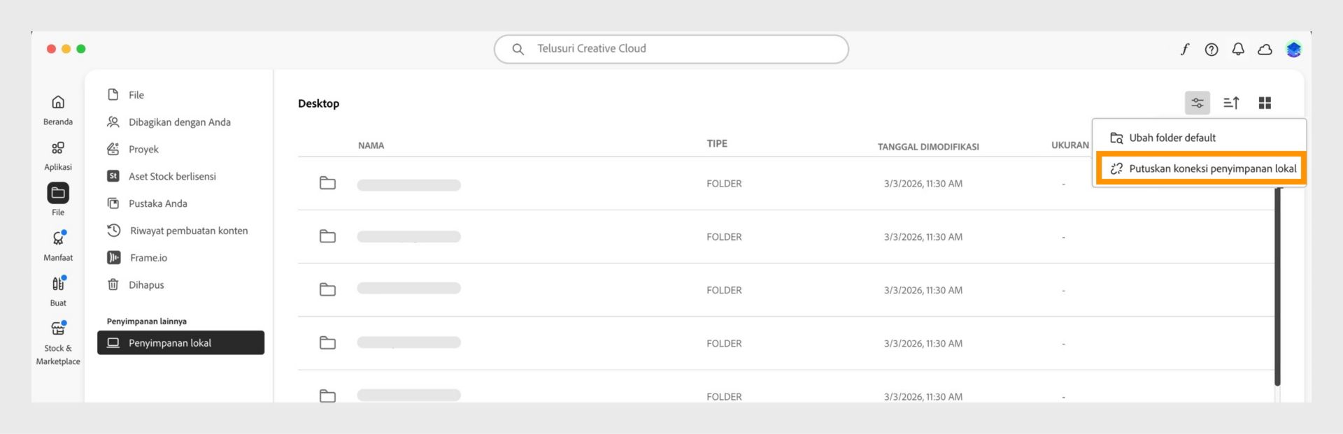 Aplikasi desktop Creative Cloud menampilkan menu Penyimpanan lokal dengan opsi "Putuskan penyimpanan lokal" yang disorot.