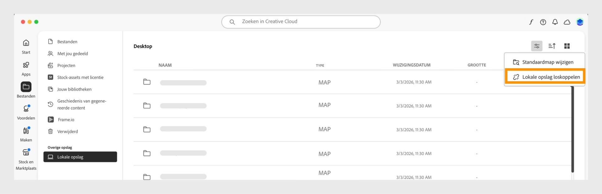 Creative Cloud desktop-app met het menu Lokale opslag waarin de optie 'Lokale opslag loskoppelen' is gemarkeerd.