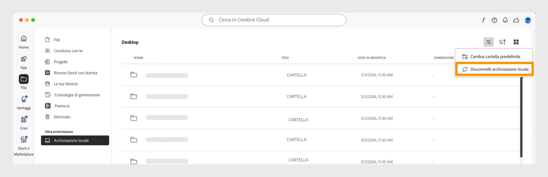 Applicazione Creative Cloud desktop che mostra il menu Archiviazione locale con l'opzione "Scollega archiviazione locale" evidenziata.