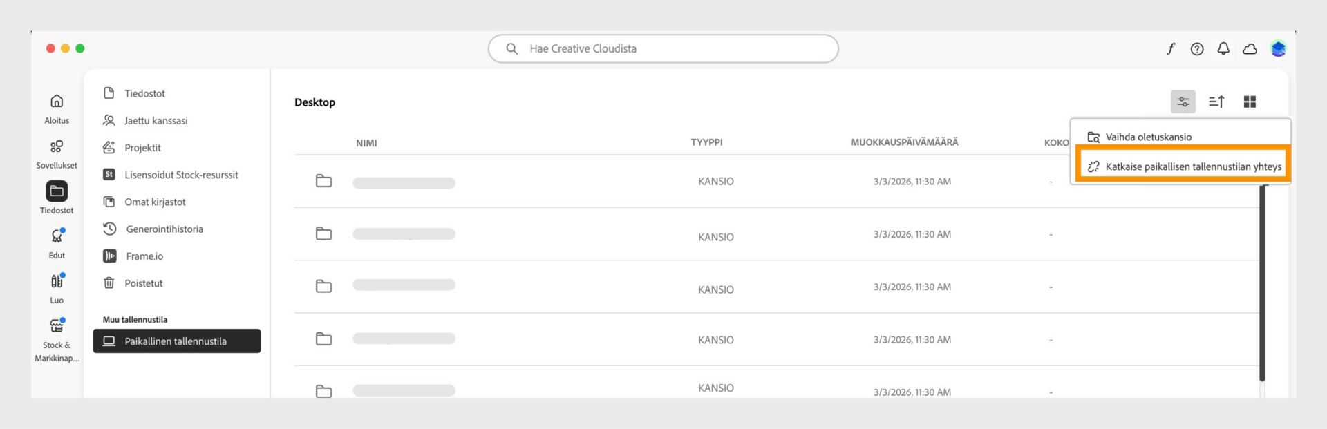 Creative Cloud -tietokonesovelluksen paikallisen tallennustilan valikko, jossa Katkaise paikallisen tallennustilan yhteys -vaihtoehto on korostettu.