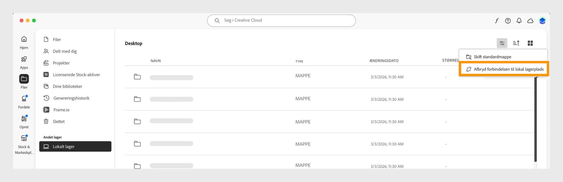 Creative Cloud-computerappen, der viser menuen Lokal lagring med indstillingen "Afbryd forbindelsen til lokal lagring" fremhævet.