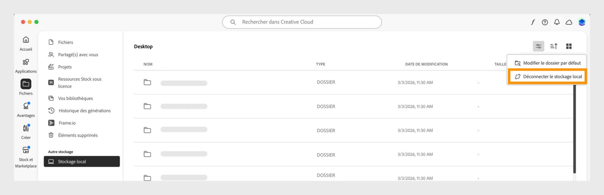 L’application de bureau Creative Cloud affiche le menu de stockage local, avec l’option « Déconnecter le stockage local » mise en évidence.
