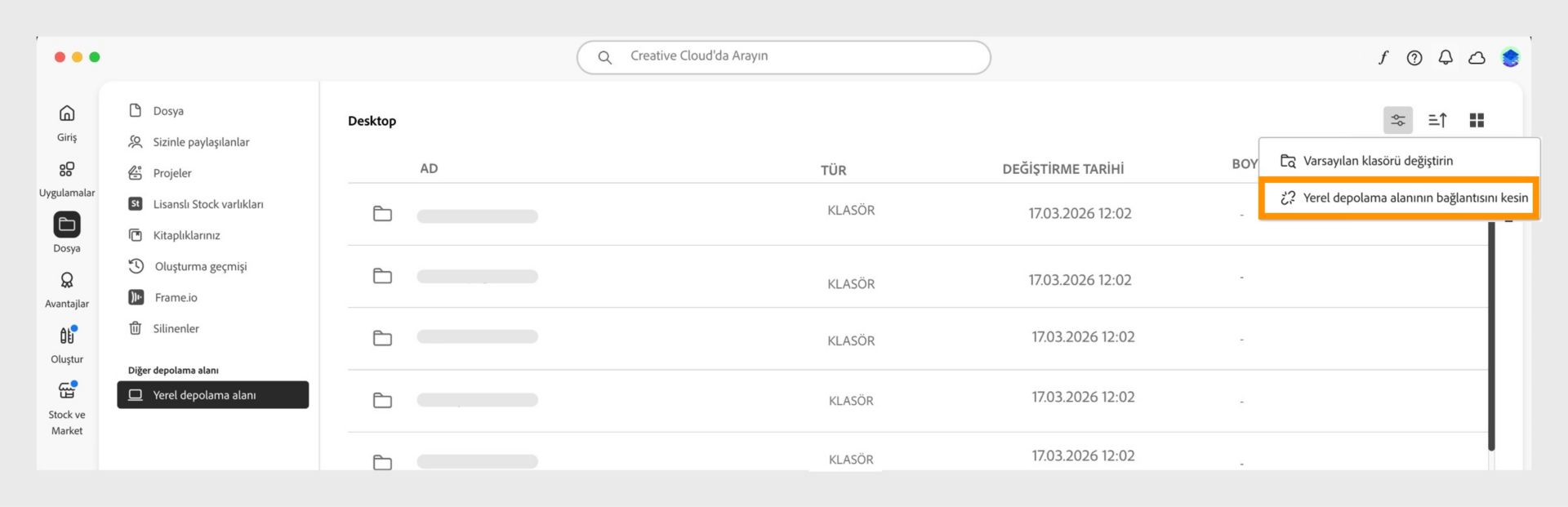 "Yerel depolama alanının bağlantısını kesin" seçeneğinin vurgulandığı Yerel depolama alanı menüsünü gösteren Creative Cloud masaüstü uygulaması.