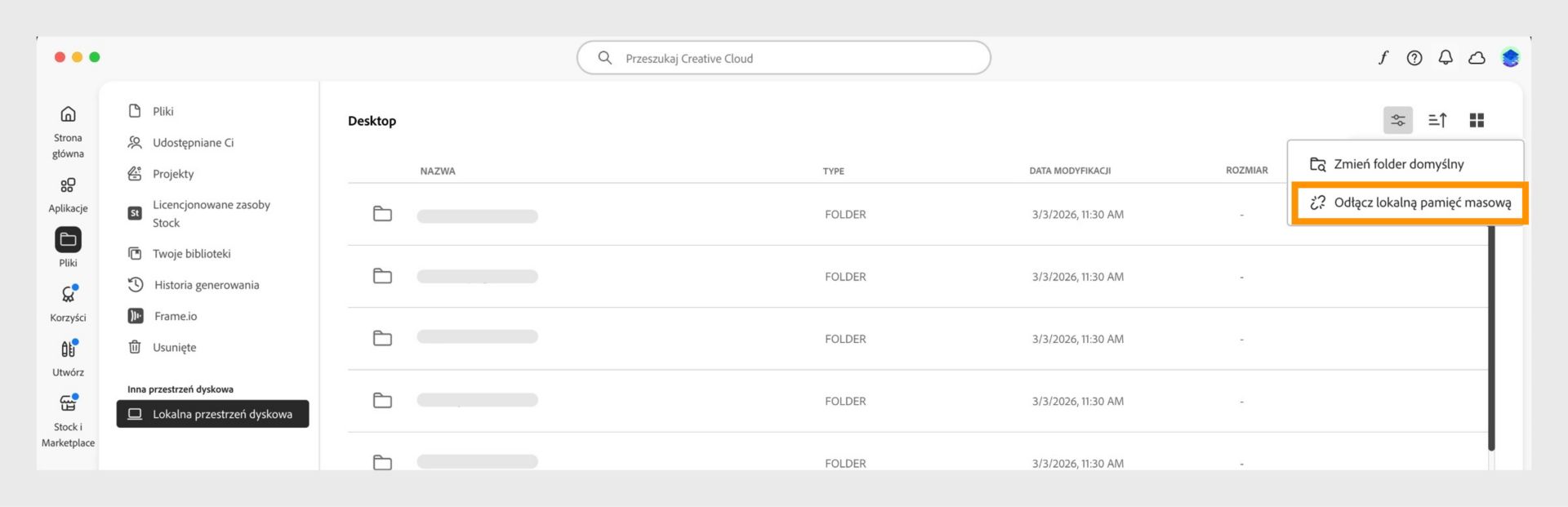 Aplikacja komputerowa Creative Cloud z menu Magazyn lokalny i podświetloną opcją „Rozłącz magazyn lokalny".
