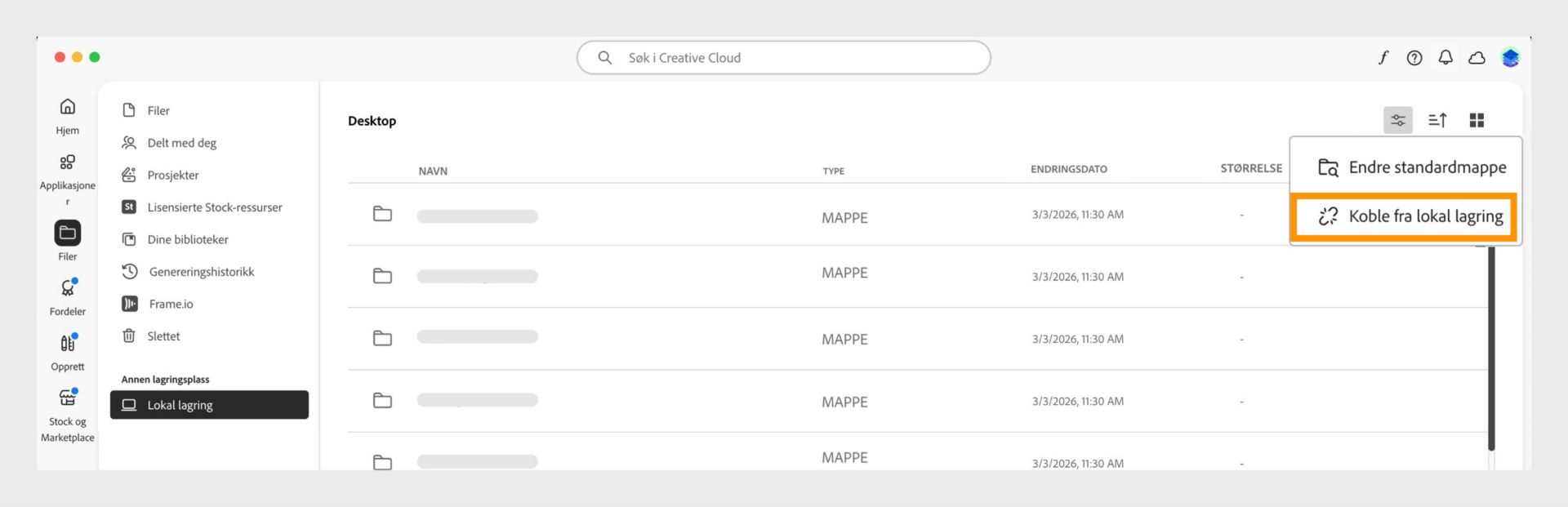 Creative Cloud-app for datamaskin viser menyen Lokal lagring med alternativet Koble fra lokal lagring uthevet.