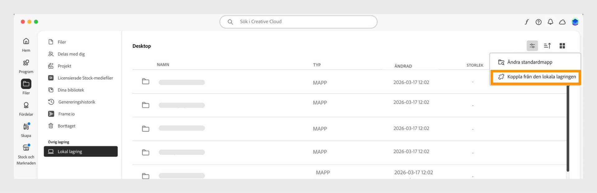 Creative Cloud-datorprogrammet visar menyn Lokal lagring med alternativet "Koppla från lokal lagring" markerat.