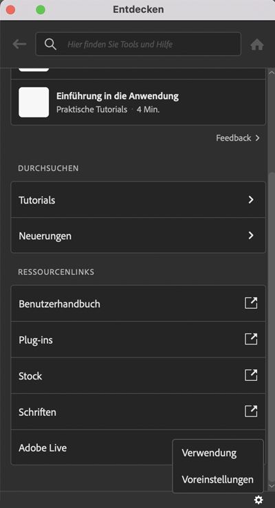 Voreinstellungen im Entdecken-Bedienfeld