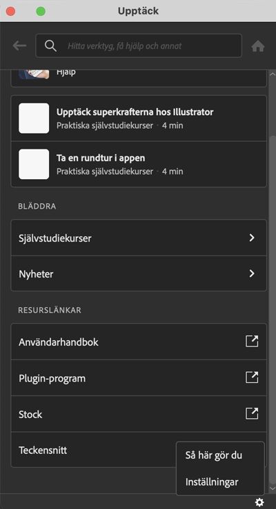 Inställningar i panelen Upptäck