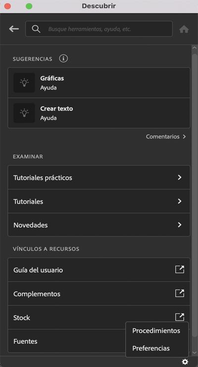 Preferencias del panel Descubrir