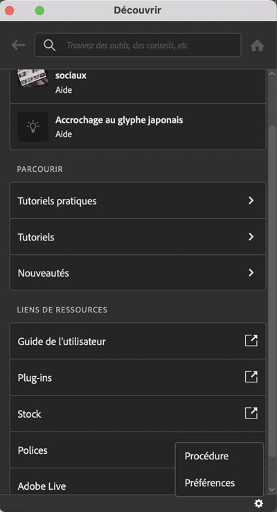 Préférences dans le panneau Découverte
