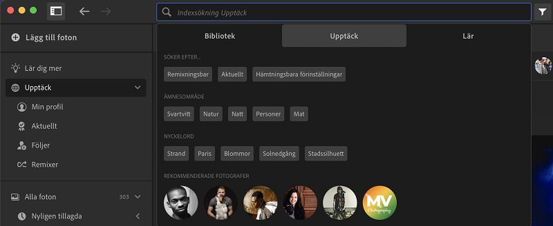 Sökalternativ på fliken Upptäck