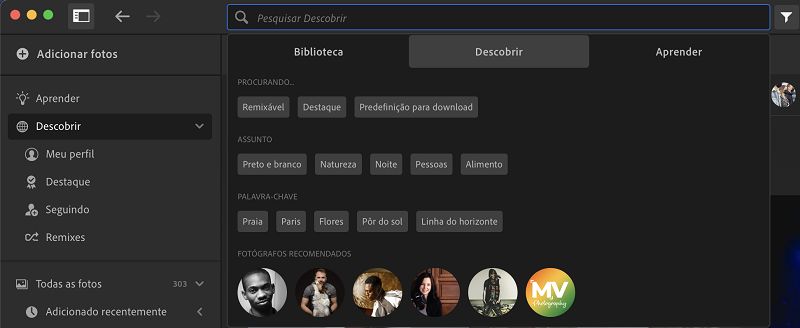 Opções de pesquisa na guia Descobrir