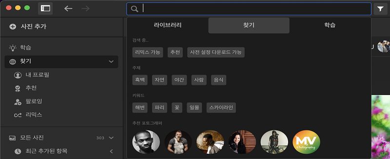검색 탭의 검색 옵션