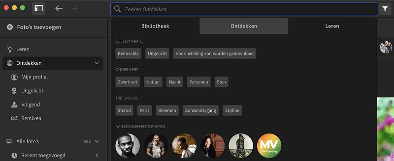Zoekopties op het tabblad Ontdekken
