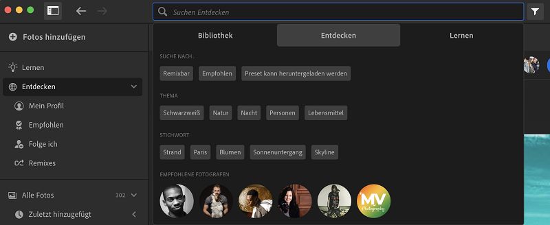 Suchoptionen auf der Registerkarte „Entdecken“