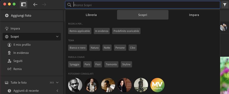Opzioni di ricerca nella scheda Discover