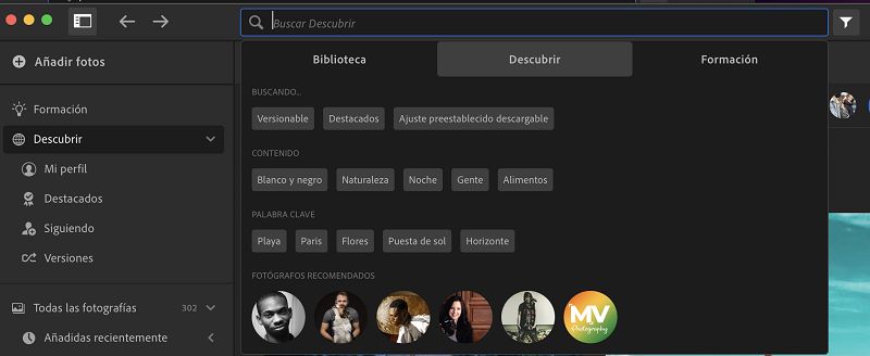Options de recherche dans l’onglet Découvrir