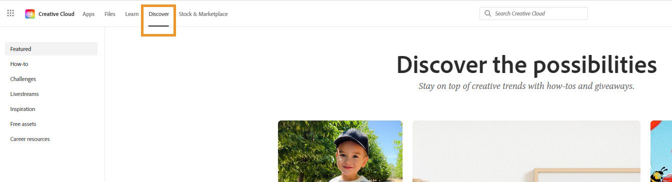 Onglet Découvrir du site web de Creative Cloud