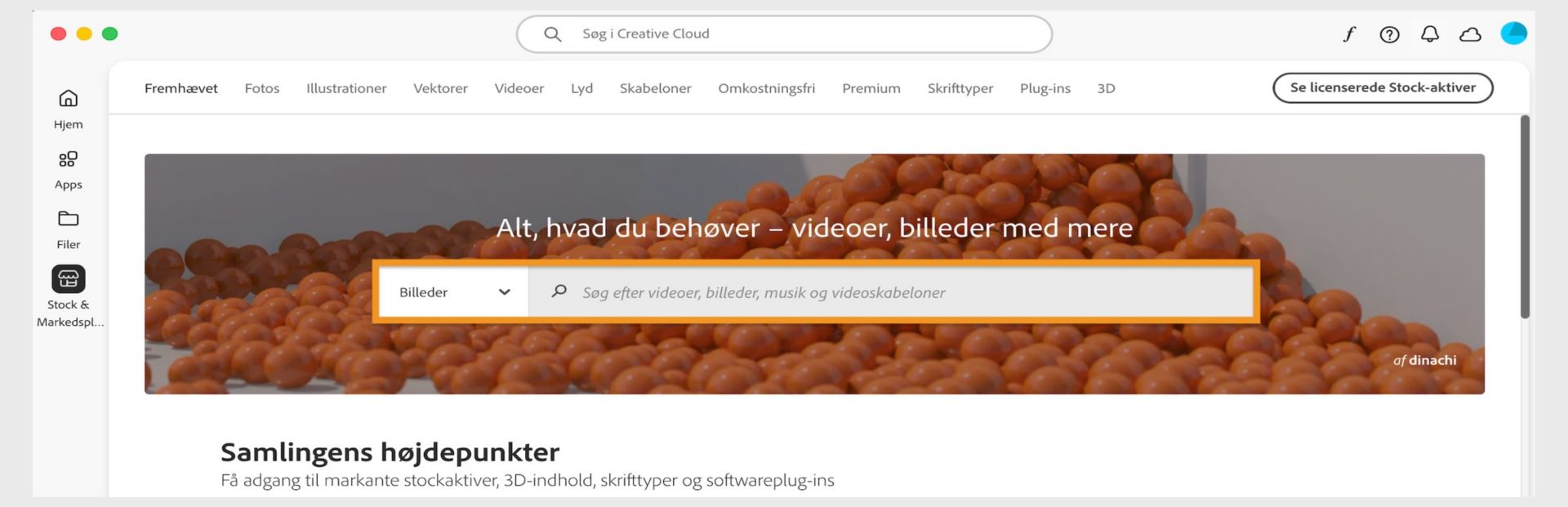 Vinduet Stock & Marketplace viser et søgefelt og flere faner til søgekategorier som for eksempel Billeder og Plug-ins.  