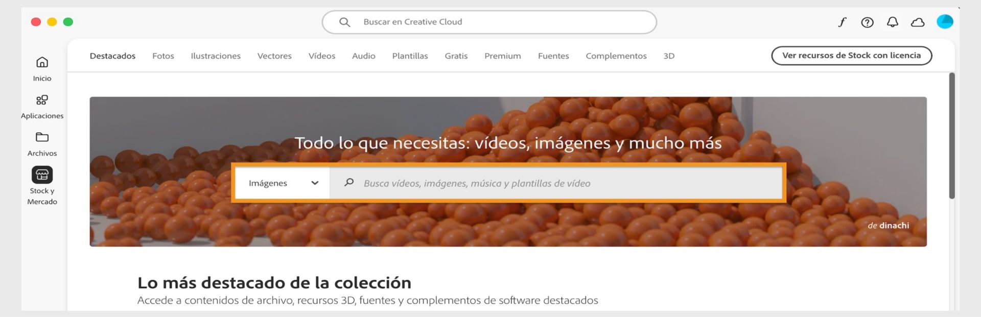 Ventana de Stock y Mercado que muestra una barra de búsqueda y varias pestañas para categorías de búsqueda como Imágenes y Complementos.  