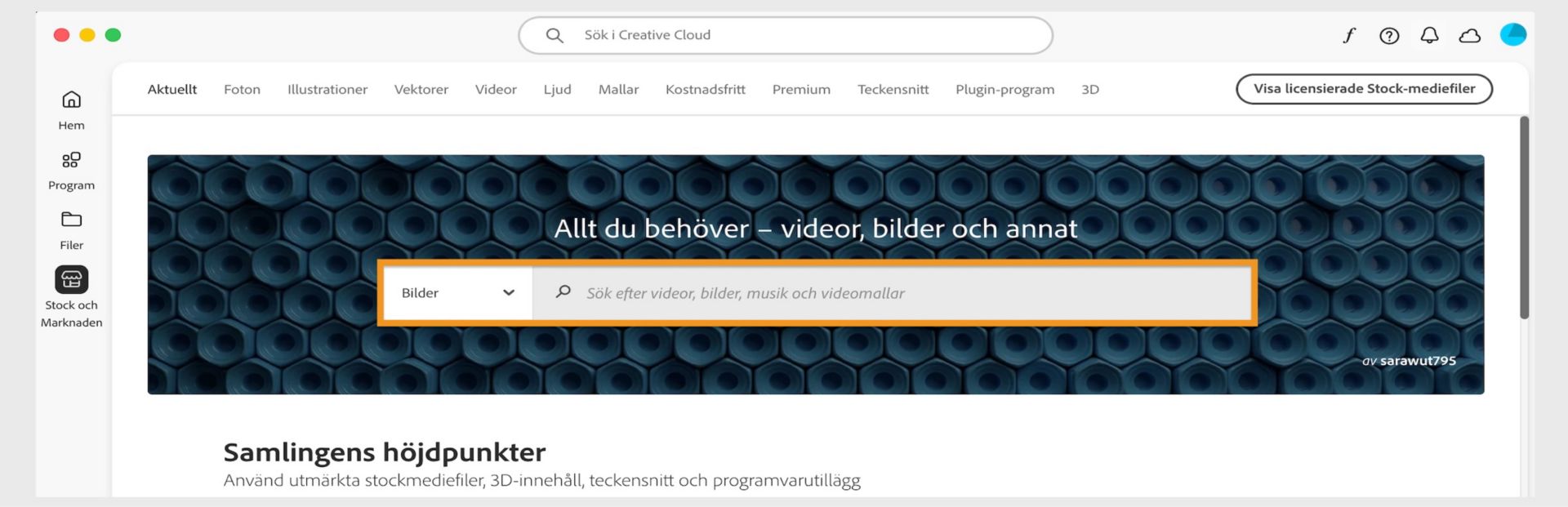 Fönstret Stock och Marknaden med ett sökfält och flera flikar för sökkategorier som Bilder och Plugin-program.  