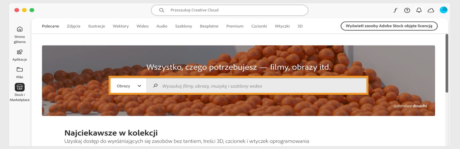 Okno Stock i rynek z widocznym paskiem wyszukiwania i kartami z różnymi kategoriami wyszukiwania, takimi jak Obrazy i Wtyczki.  