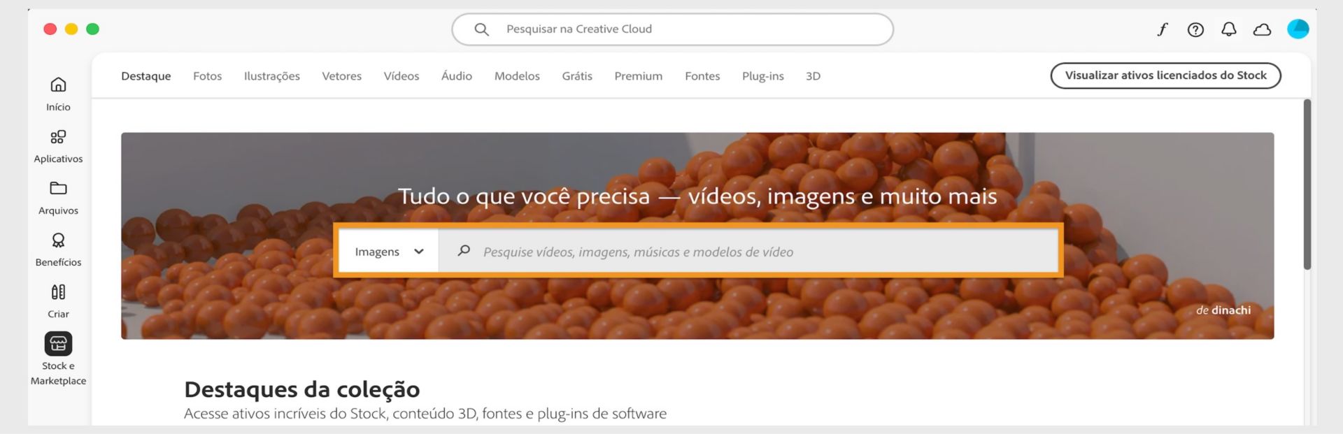 A janela Stock & Marketplace mostrando uma barra de pesquisa e várias guias para categorias de pesquisa, como Imagens e Plug-ins.  