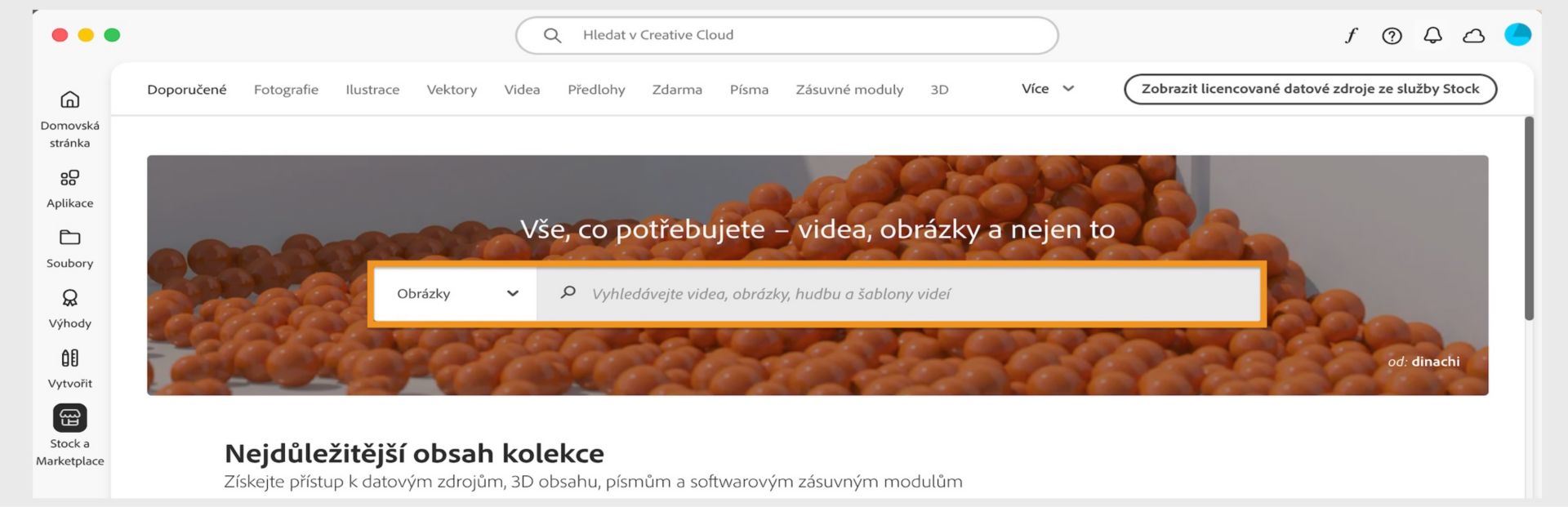Okno Stock a Marketplace zobrazující vyhledávací panel a řadu karet pro kategorie hledání, jako jsou Obrázky a Zásuvné moduly.  