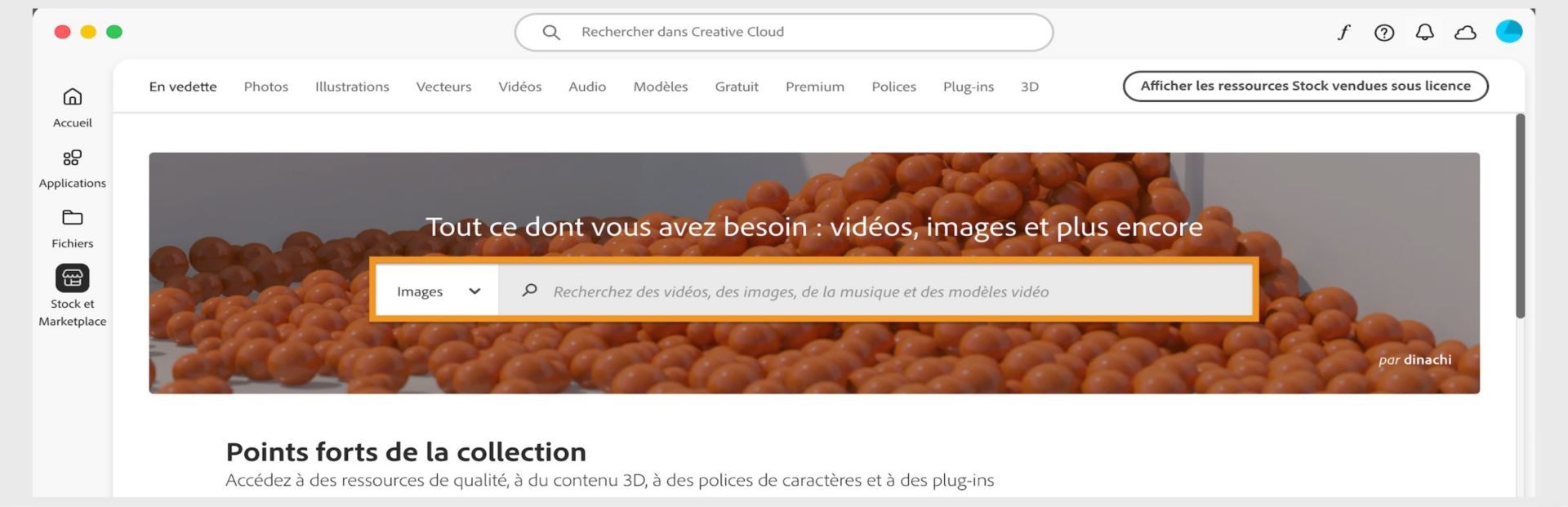 La fenêtre Stock et Marketplace affichant une barre de recherche et plusieurs onglets pour les catégories de recherche telles que les images et les plugins.  