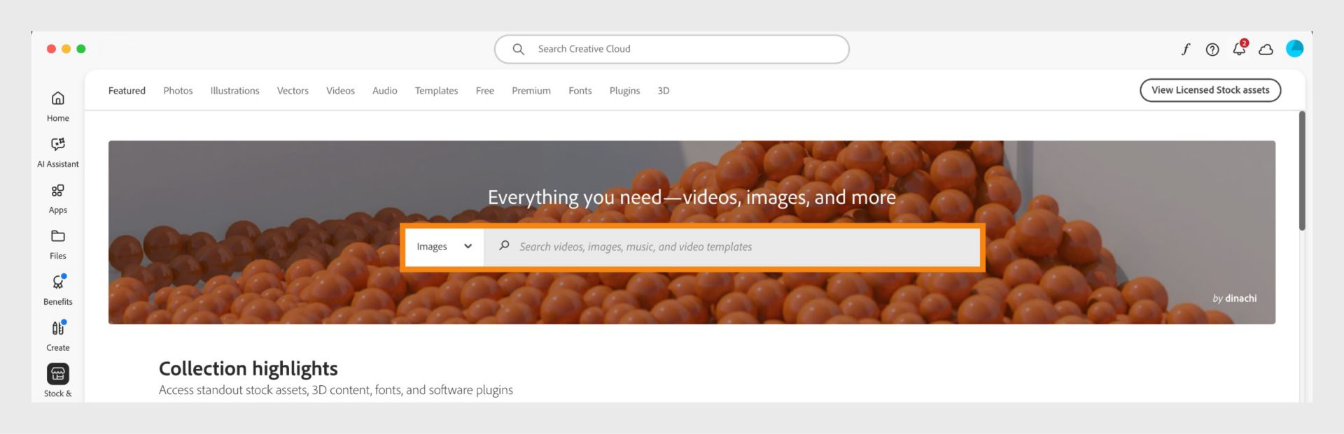 The Stock & Marketplace window showing a search bar and multiple tabs for search categories such as Images and Plugins.  