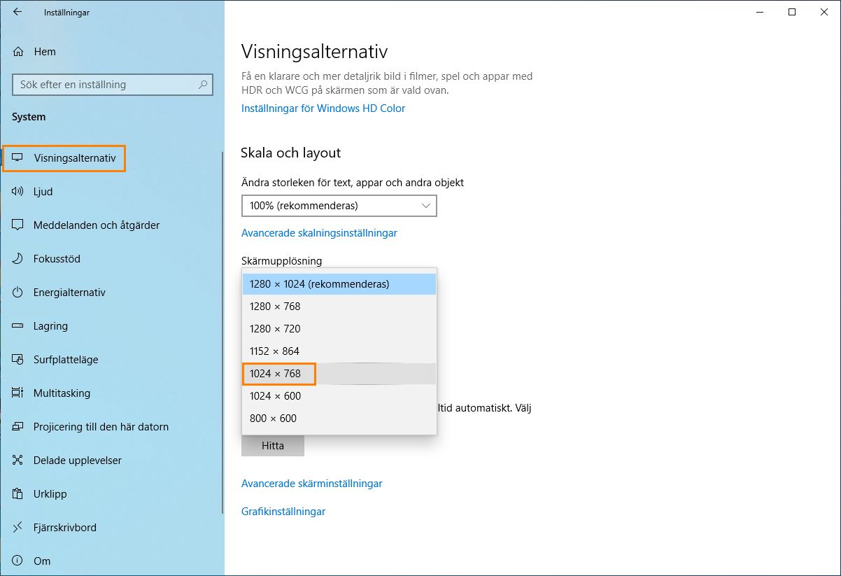 Ändra upplösningen till 1 024 x 768