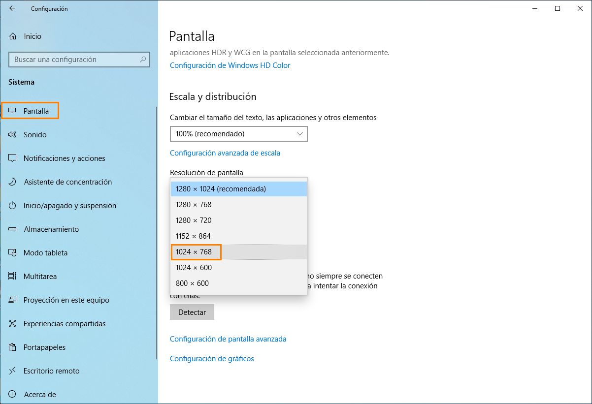 Cambie la resolución a 1024x768