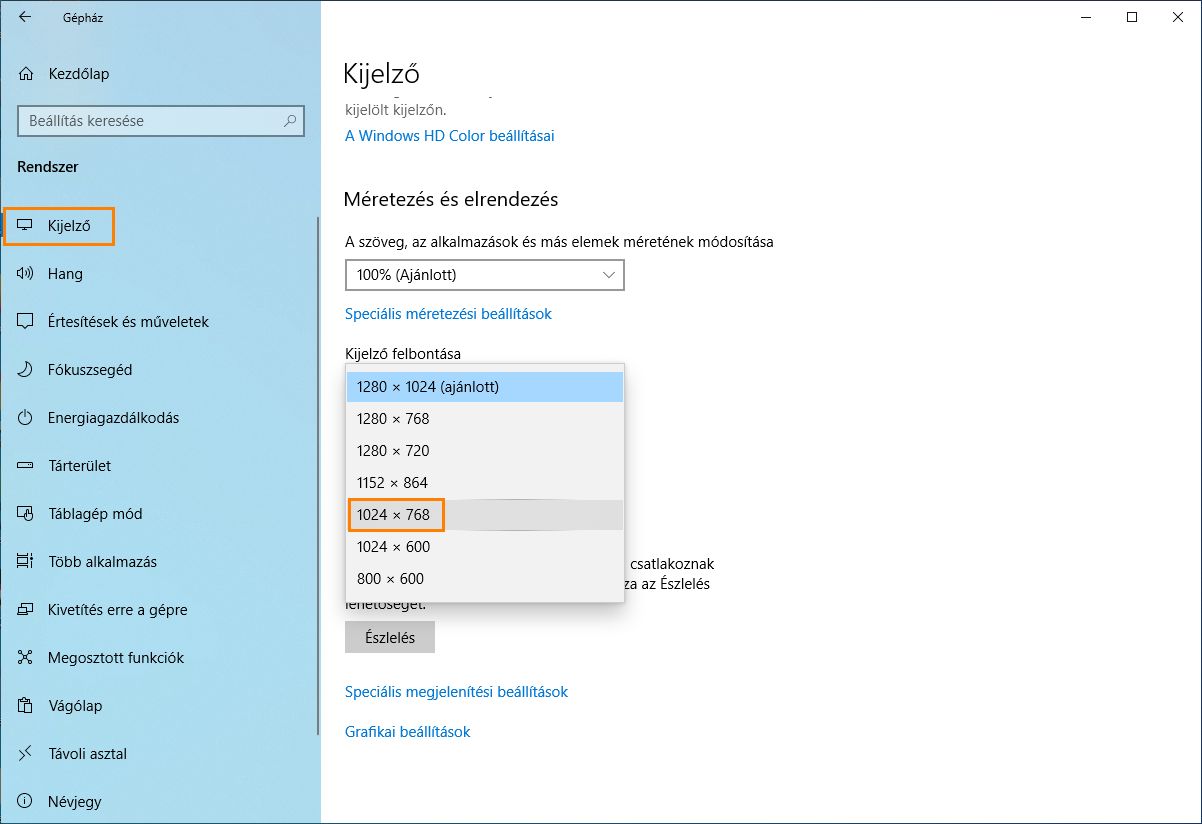 Módosítsa a felbontást 1024x768 értékre