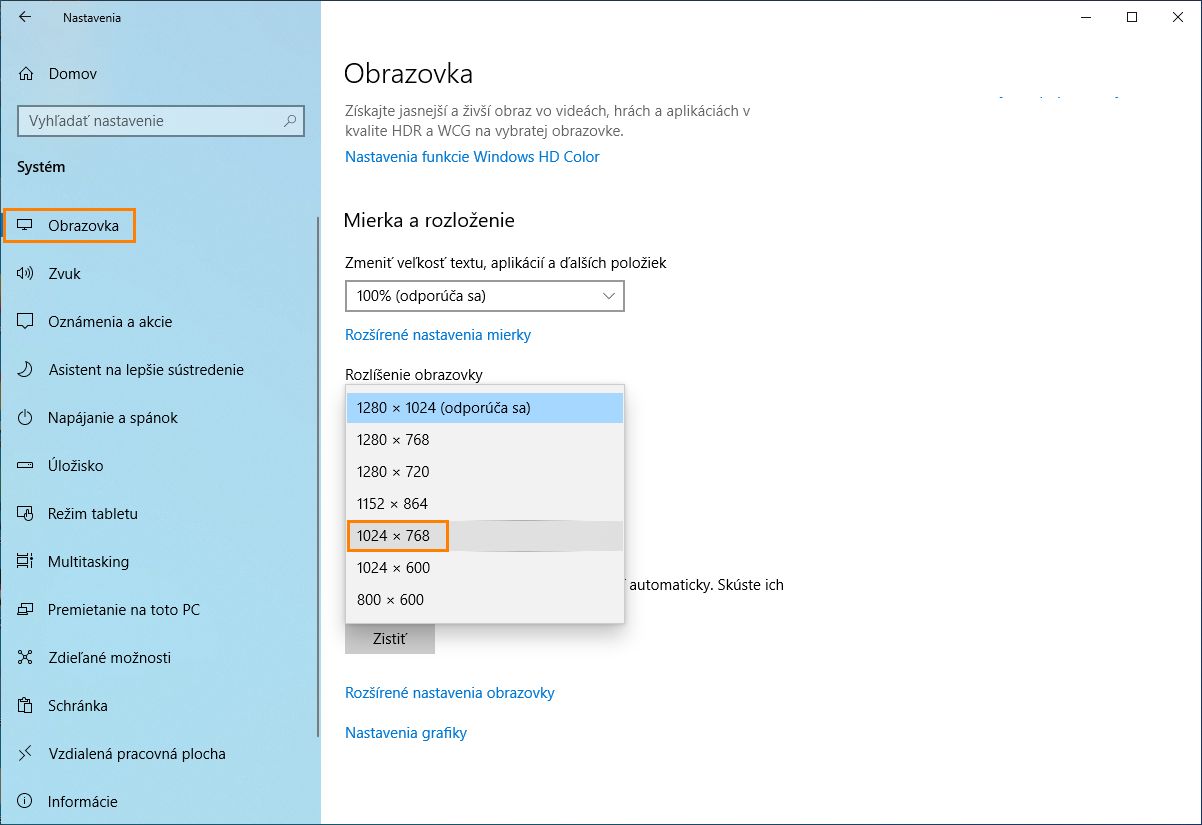 Zmena rozlíšenia na 1024 x 768