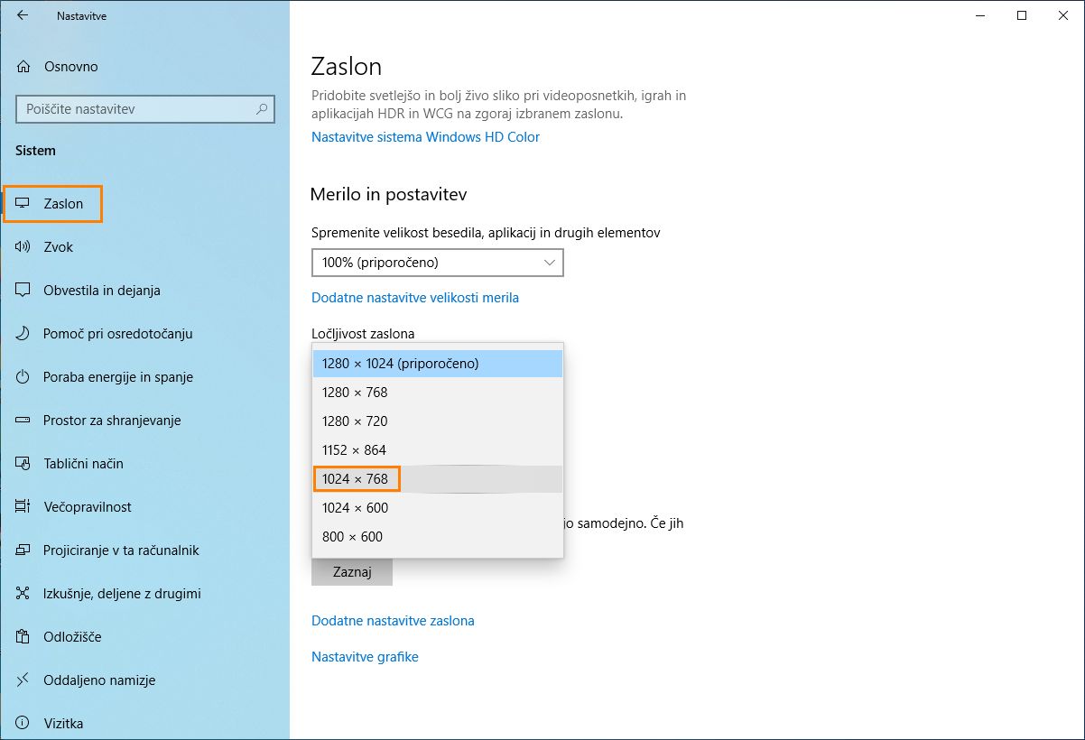 Spremenite ločljivost na 1024x768