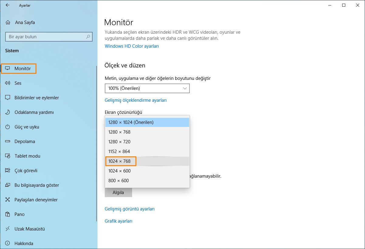 Çözünürlüğü 1024x768 olarak değiştirin