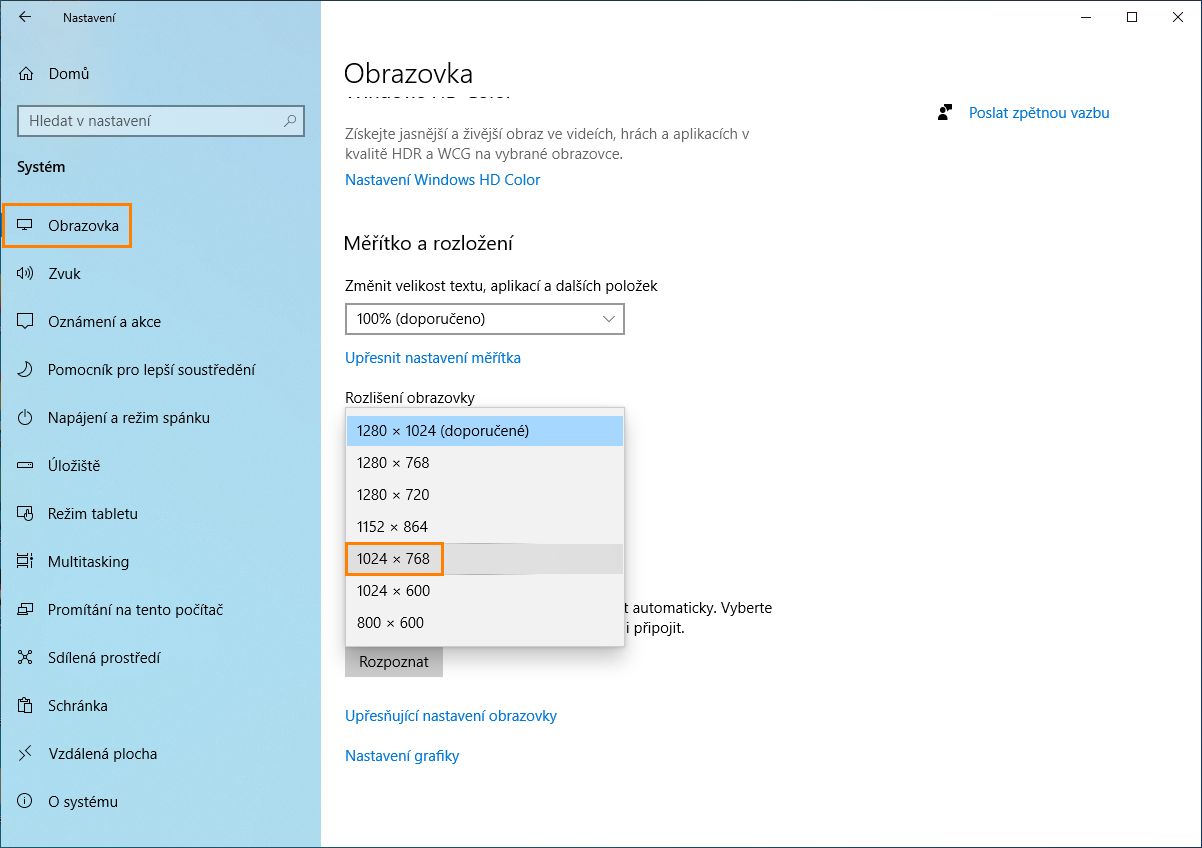 Změna rozlišení na 1024 × 768