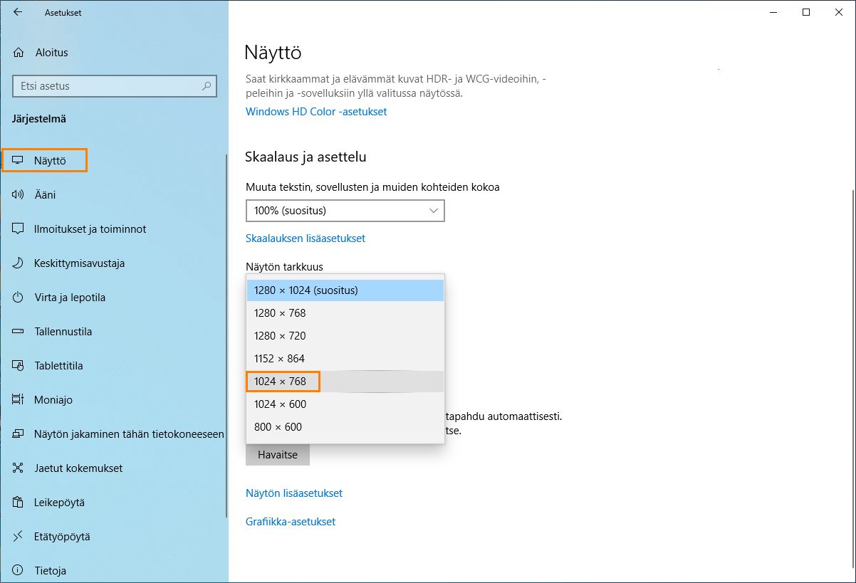 Tarkkuuden muuttaminen 1 024 × 768 pikseliin