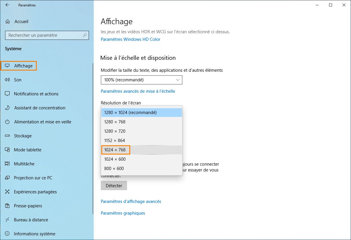 Remplacement de la résolution par 1 024 x 768