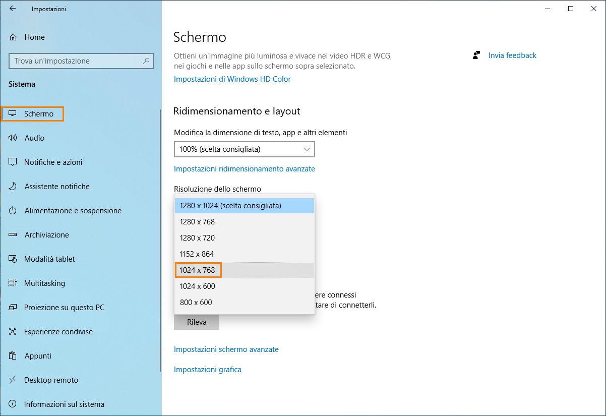 Imposta la risoluzione su 1024x768