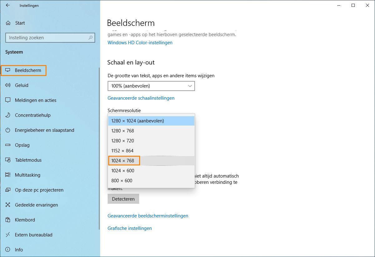 De resolutie wijzigen in 1024 x 768
