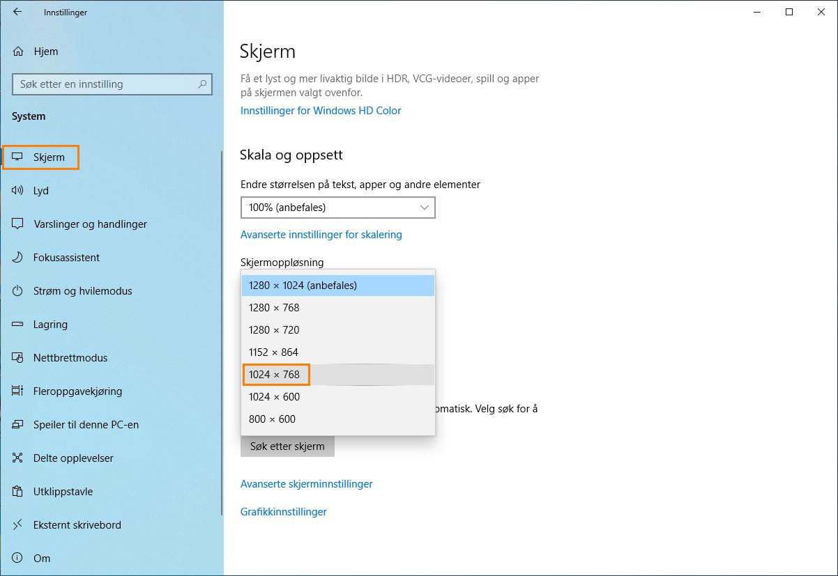 Endre oppløsningen til 1024x768