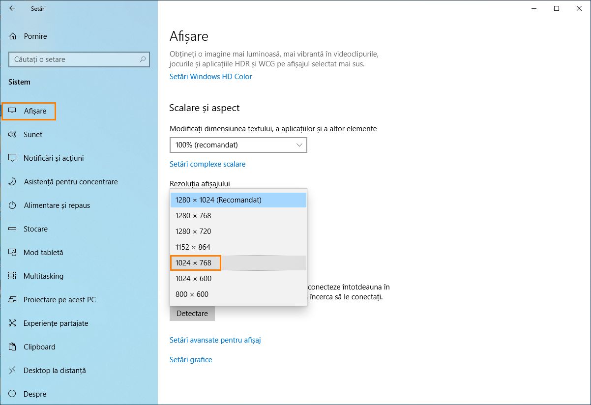 Modificare rezoluție la 1024x768