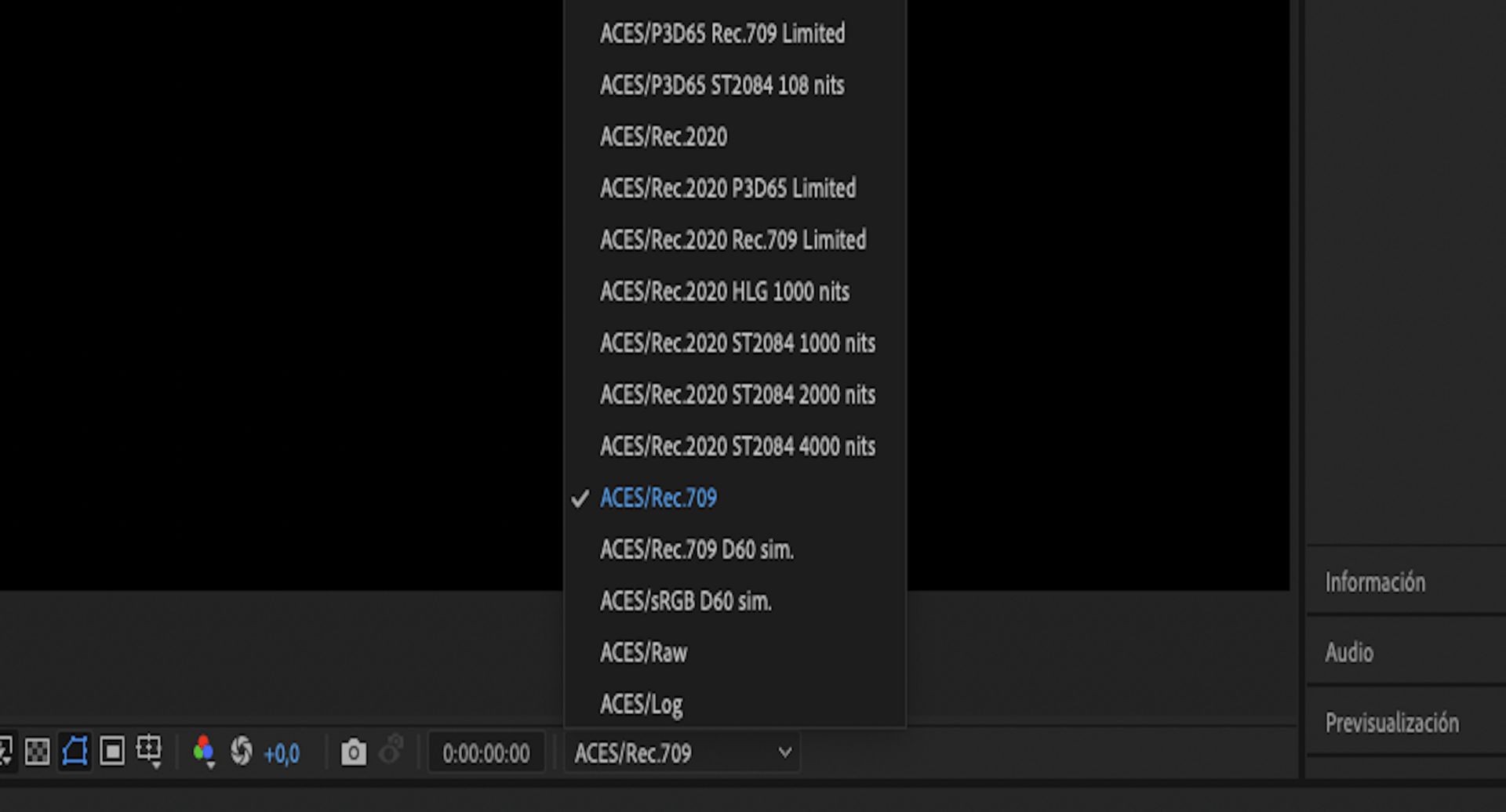 Mostrar el menú espacio de color en el panel Composición