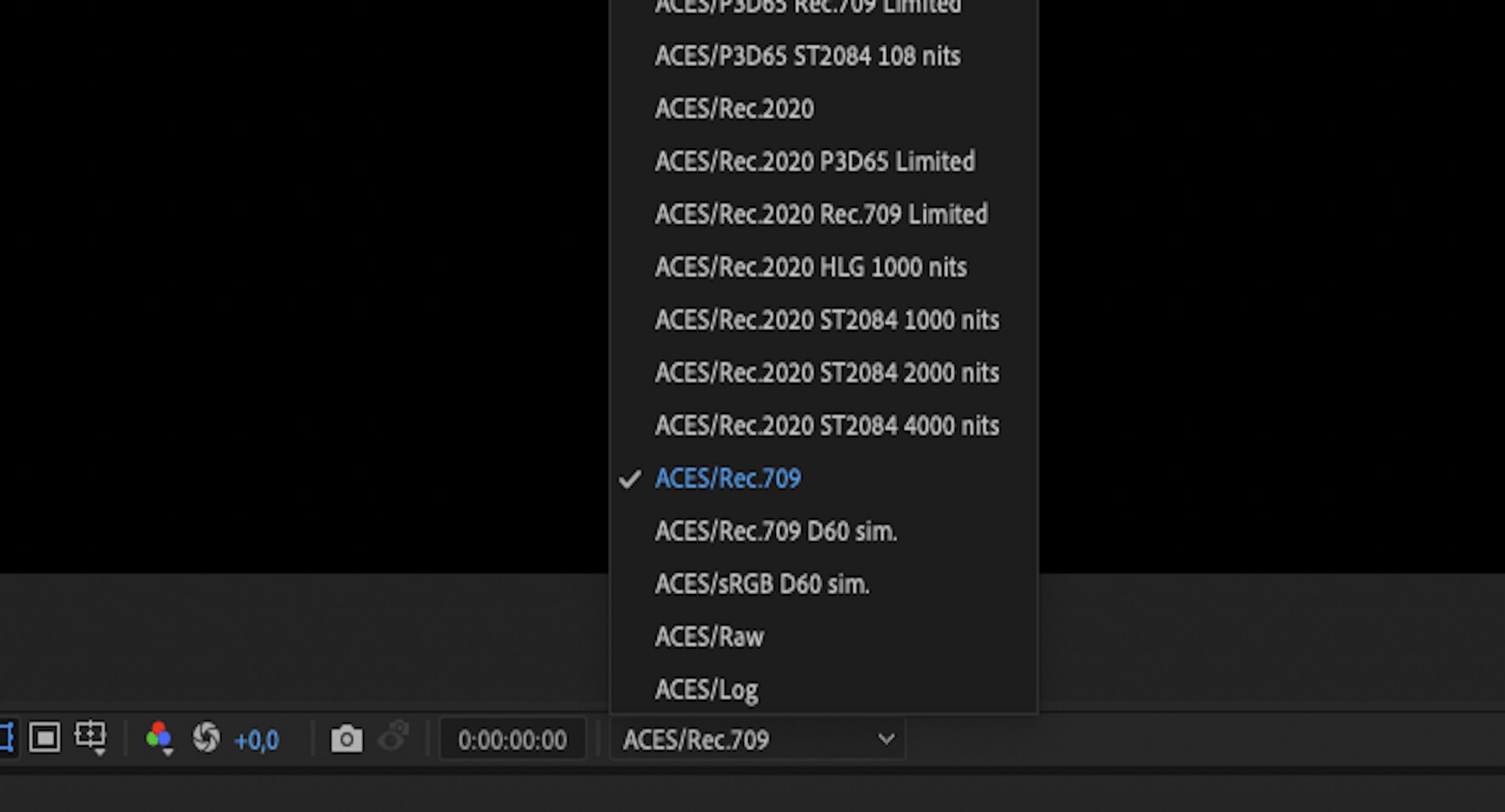 在“合成”面板中显示“色彩空间”菜单