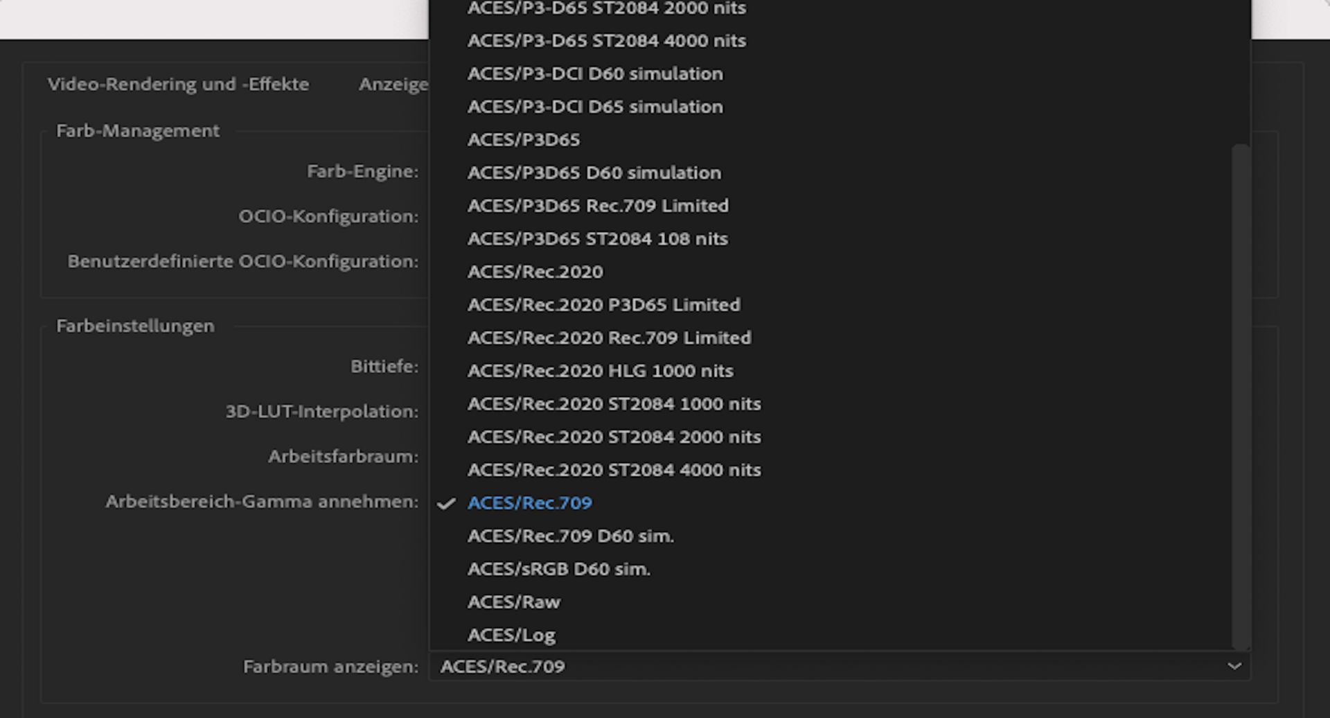 Anzeigefarbraumoptionen