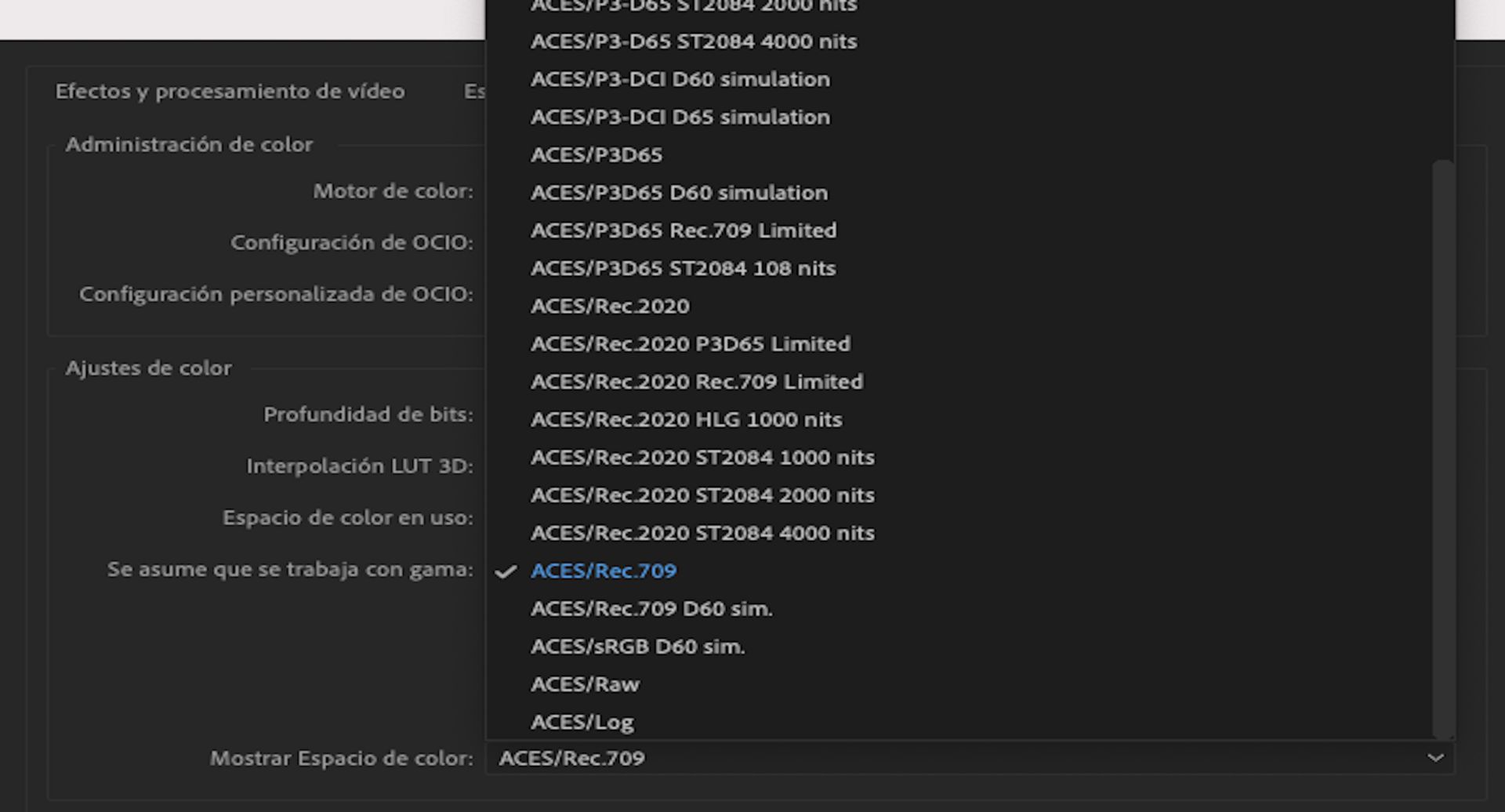 Mostrar opciones de Espacio de color