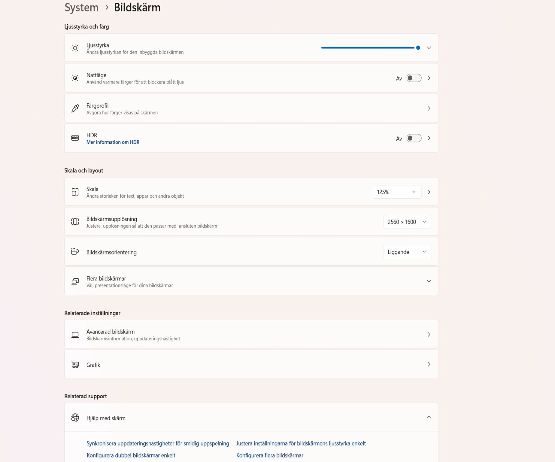 En skärmdump som visar dialogrutan Bildskärm