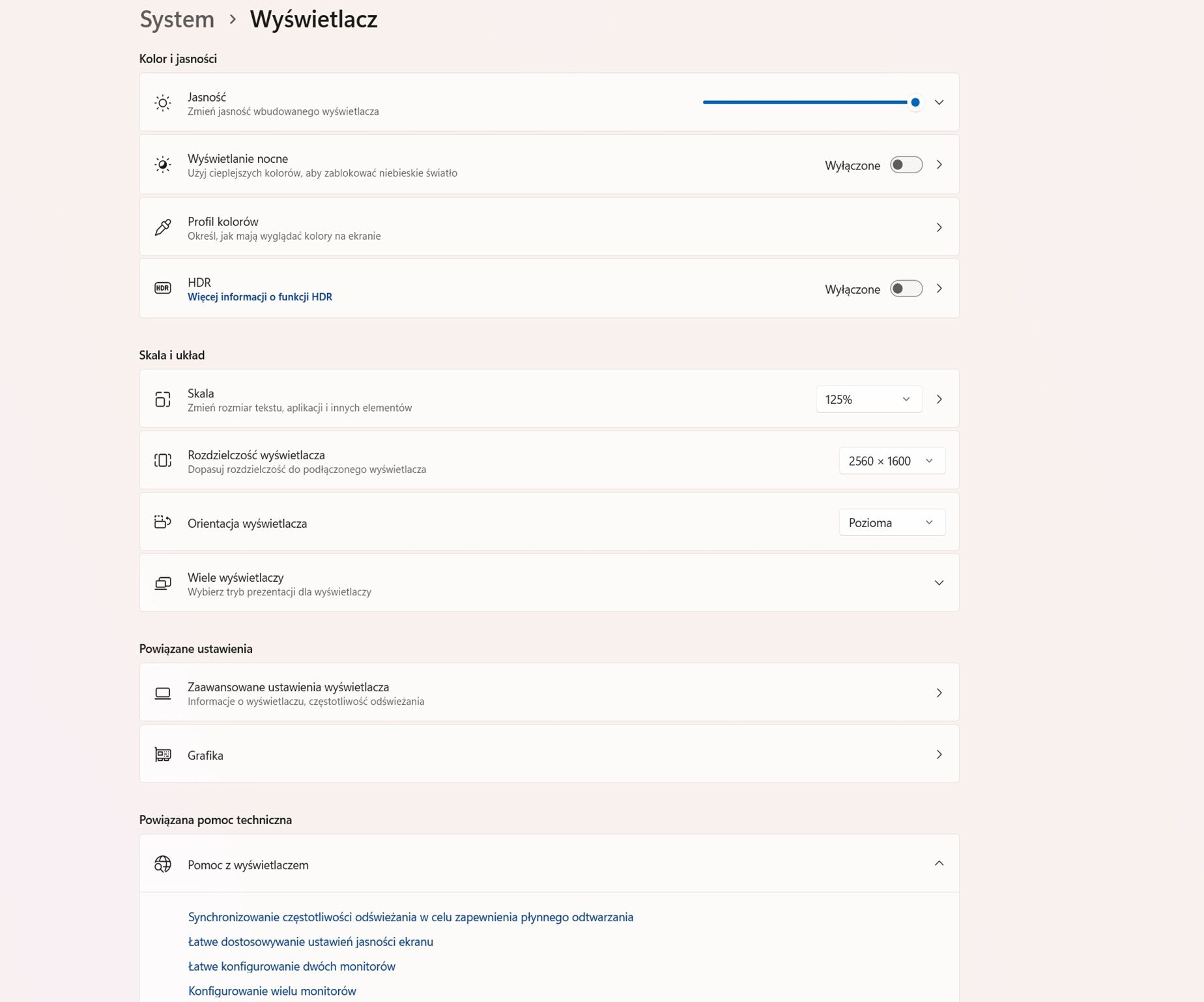 Zrzut ekranu pokazujący okno dialogowe dotyczące wyświetlania