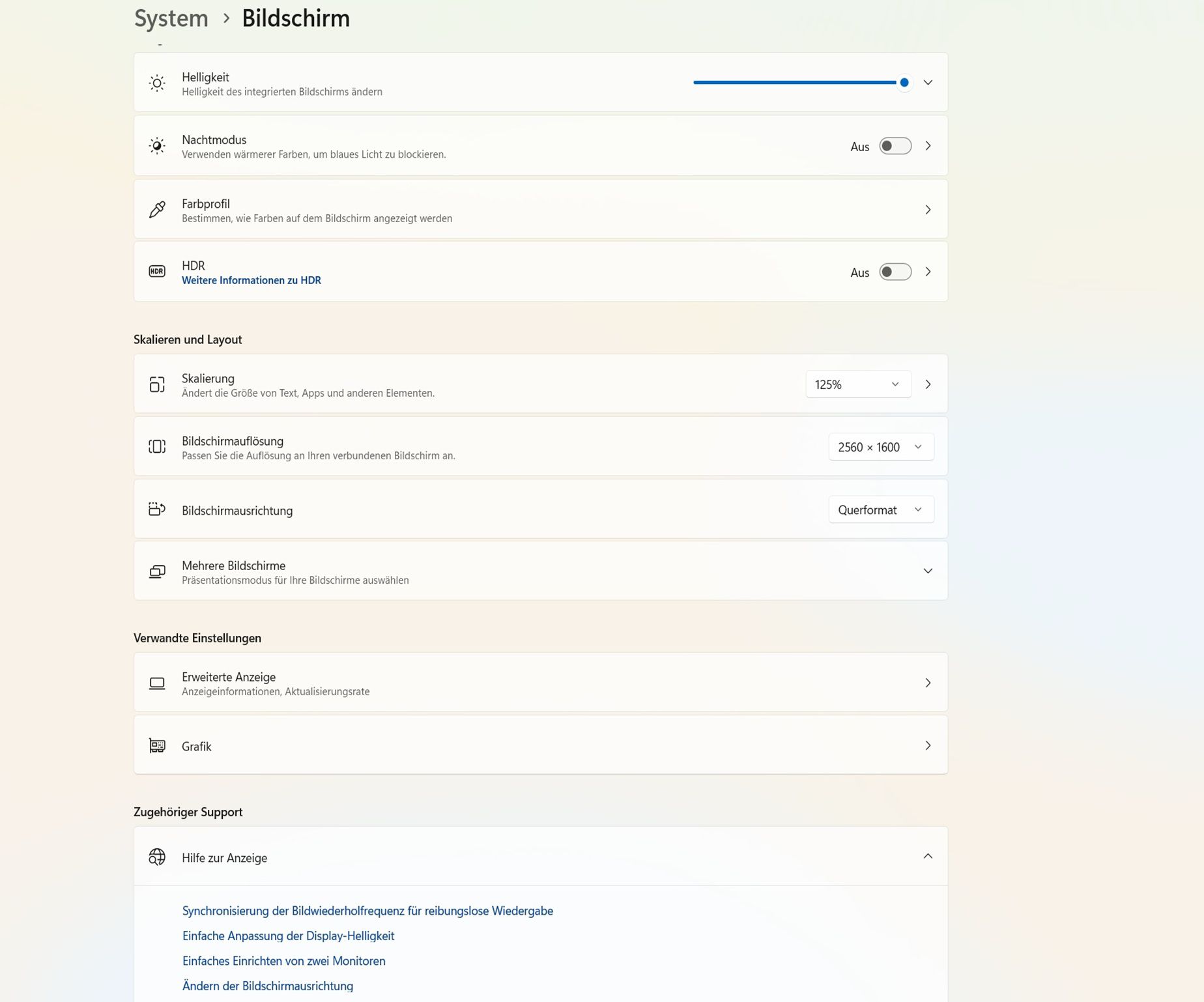 Ein Screenshot mit dem Dialogfeld „Anzeige“